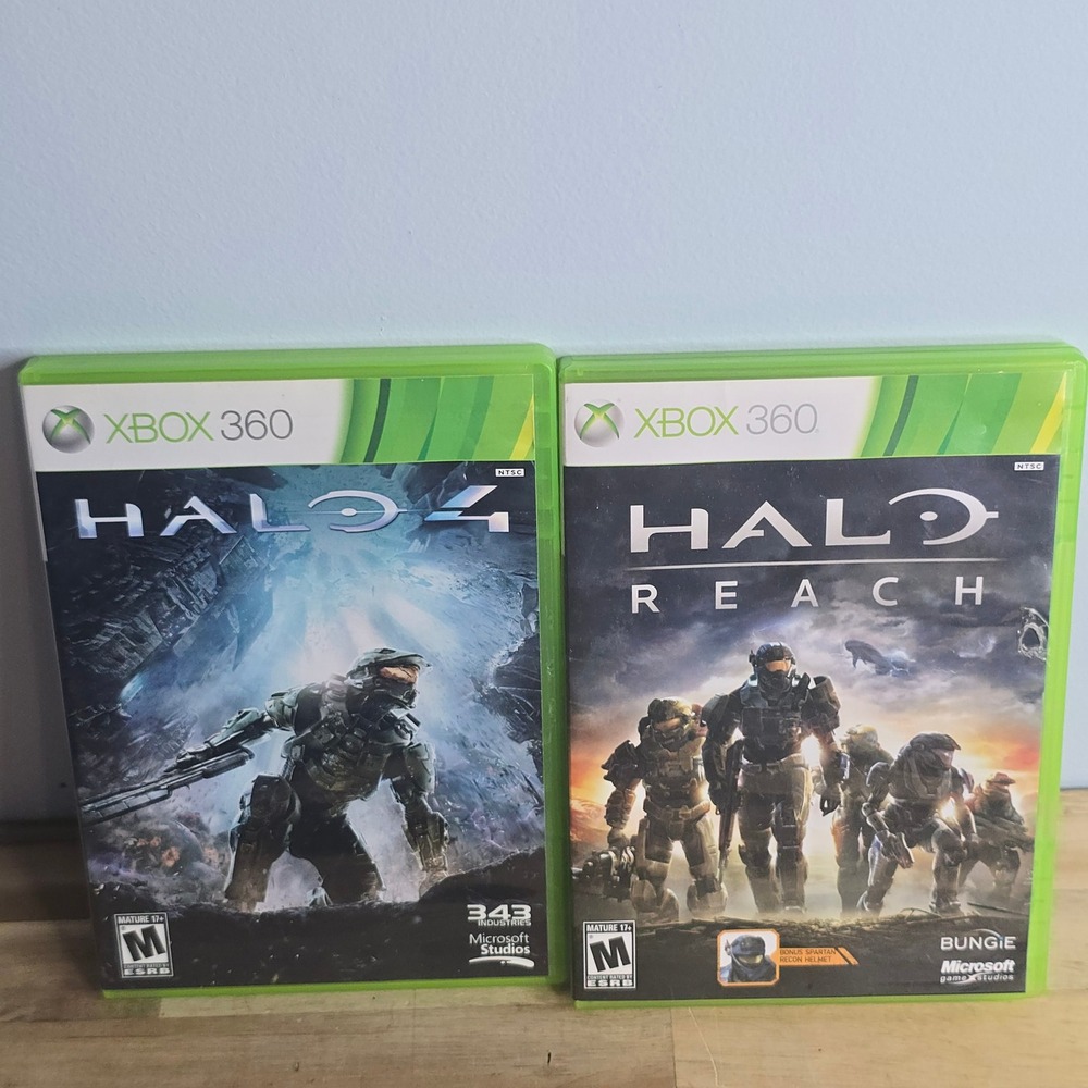 Microsoft Halo 4 & Halo Reach Xbox 360 Video Game Bundle Lot Green Case NTSC